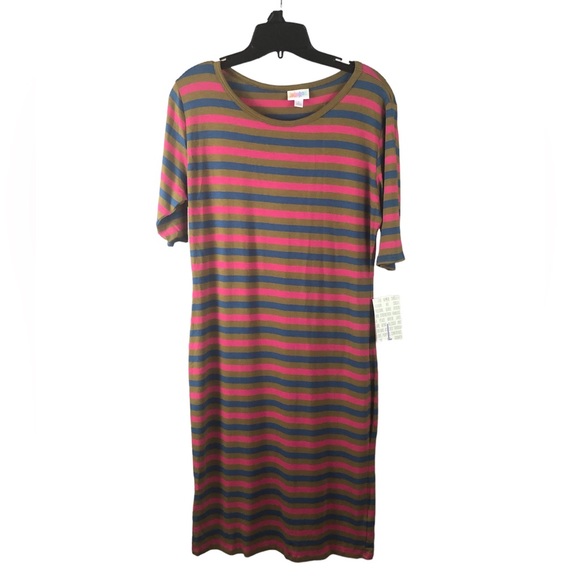 DRESS - NWT Women's LuLa Roe Multicolored Striped "Julia" T-Shirt Dress. Size L - Picture 1 of 13